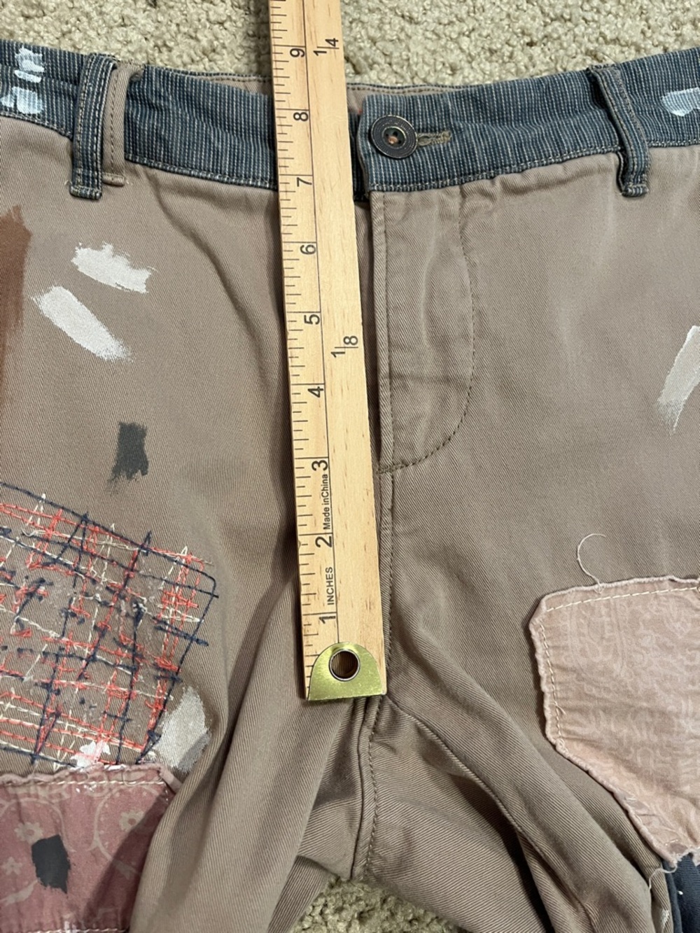 Anthro Pilcro Patchwork Painters Pants Khaki Tan Blue Pink Accents Hyphen Sz 28 - Picture 9 of 10